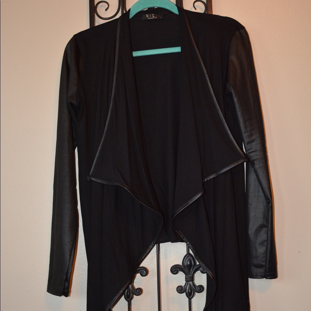 Waterfall/Open Front Blazer,  Faux Leather Sleeves